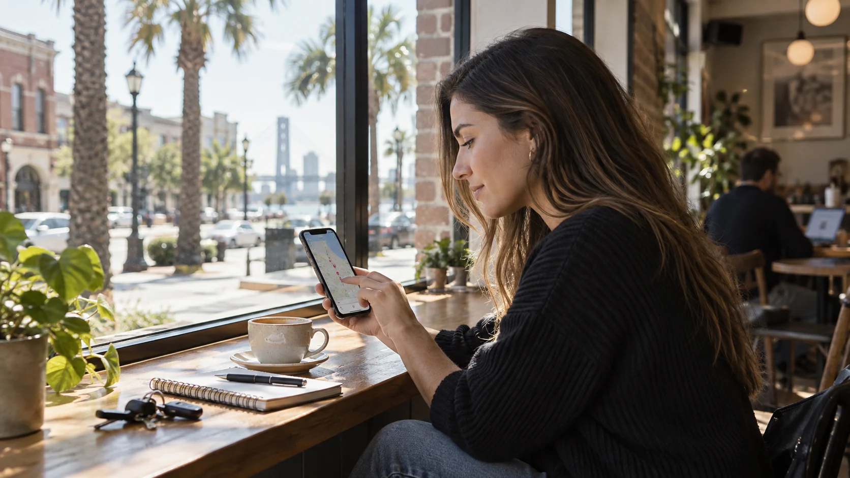 Customer using local search on her phone in a Jacksonville caf&eacute;