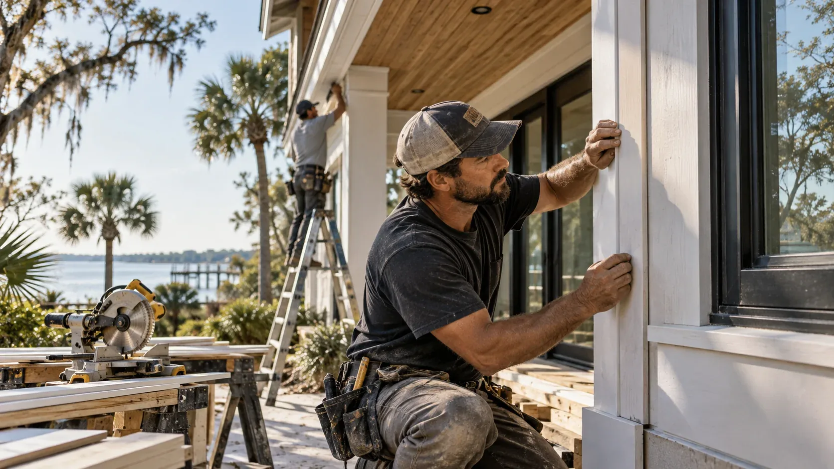 A local contractor fitting exterior trim on a coastal Northeast Florida home while a crewmate works nearby.