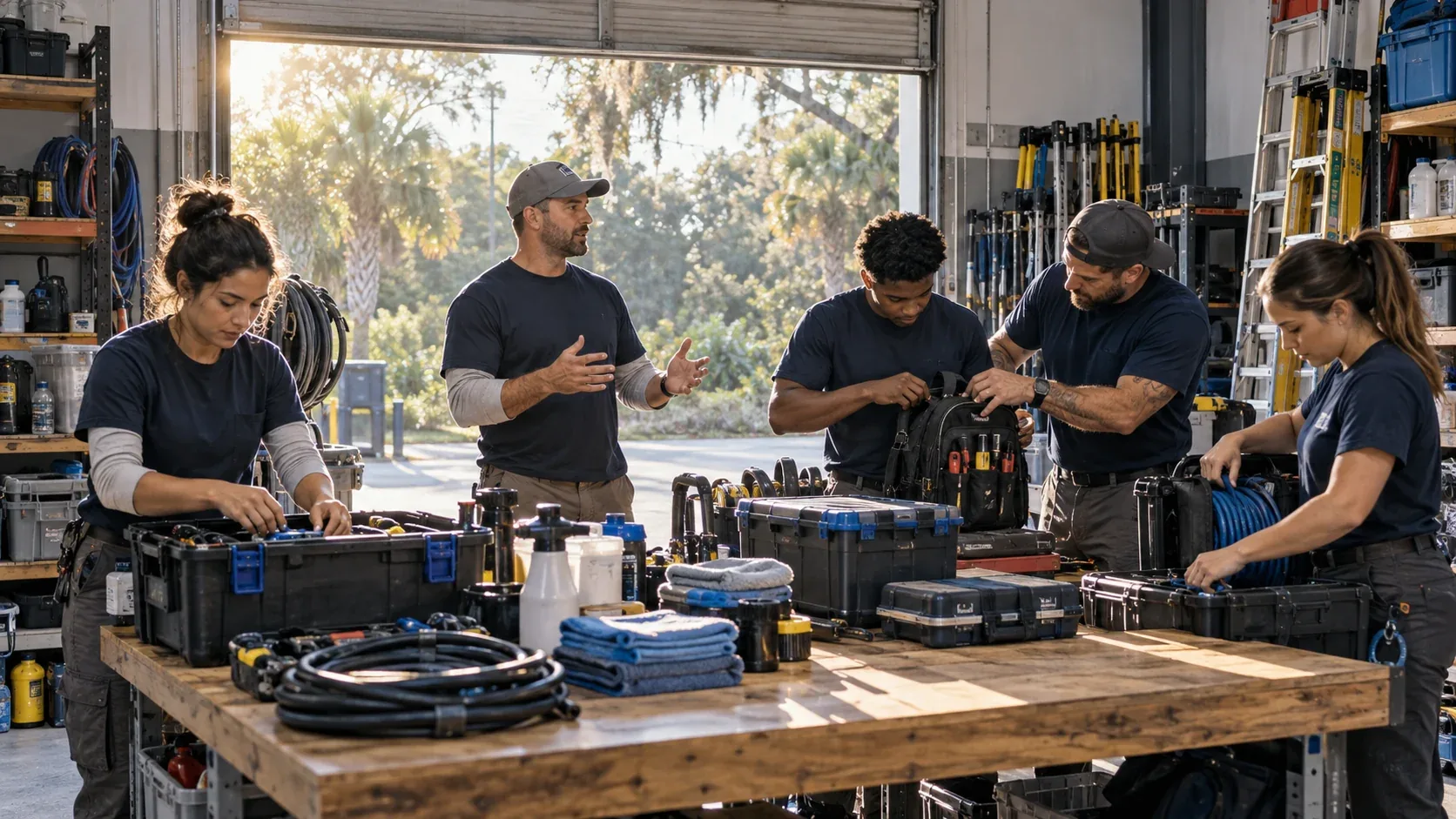 A growing local service team loading equipment together at their Jacksonville shop at sunrise.
