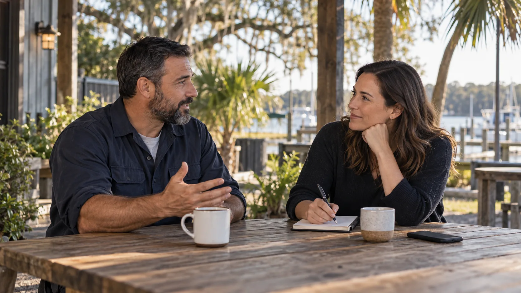 A 904 Digital Media strategist talking through a growth plan with a local business owner over coffee at a Jacksonville waterfront table.