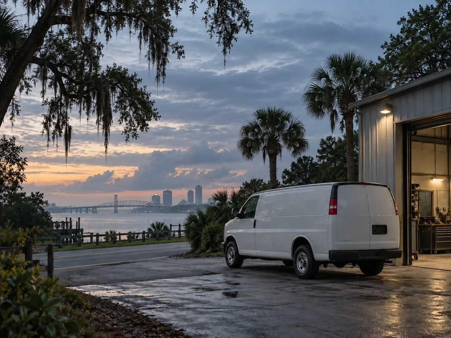 A 904 Digital Media work van at a Jacksonville waterfront shop at dusk
