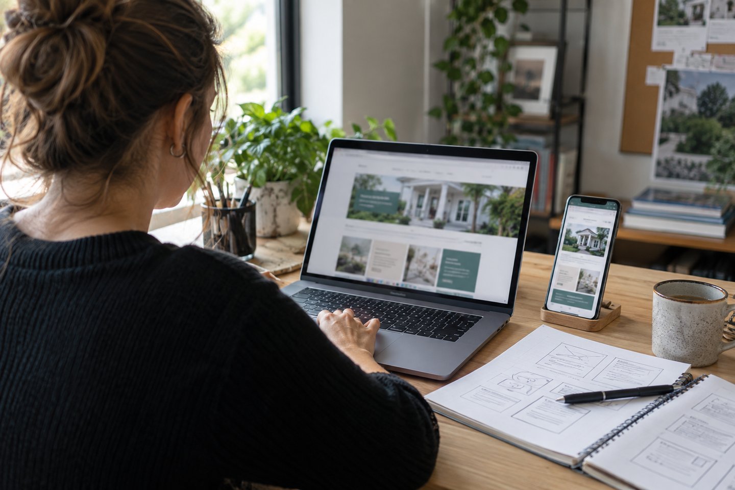 A designer comparing desktop and mobile website layouts at a naturally lit desk.