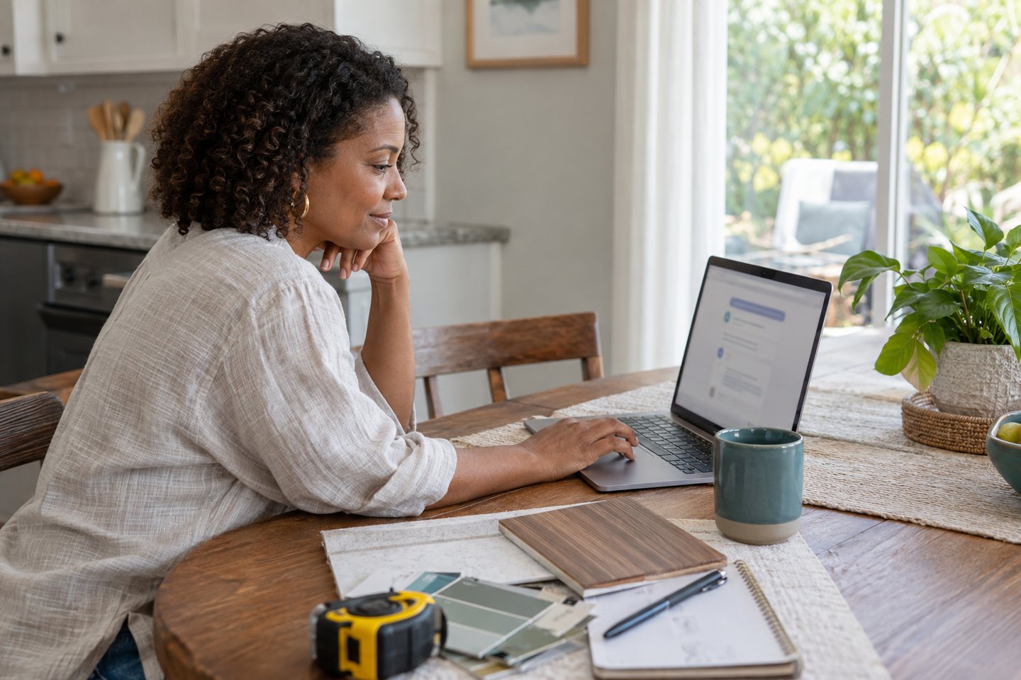 A homeowner researching a home project on her laptop at the kitchen table.