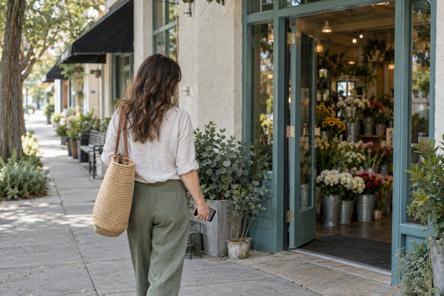 A customer arriving at a neighborhood flower shop with her phone in hand.