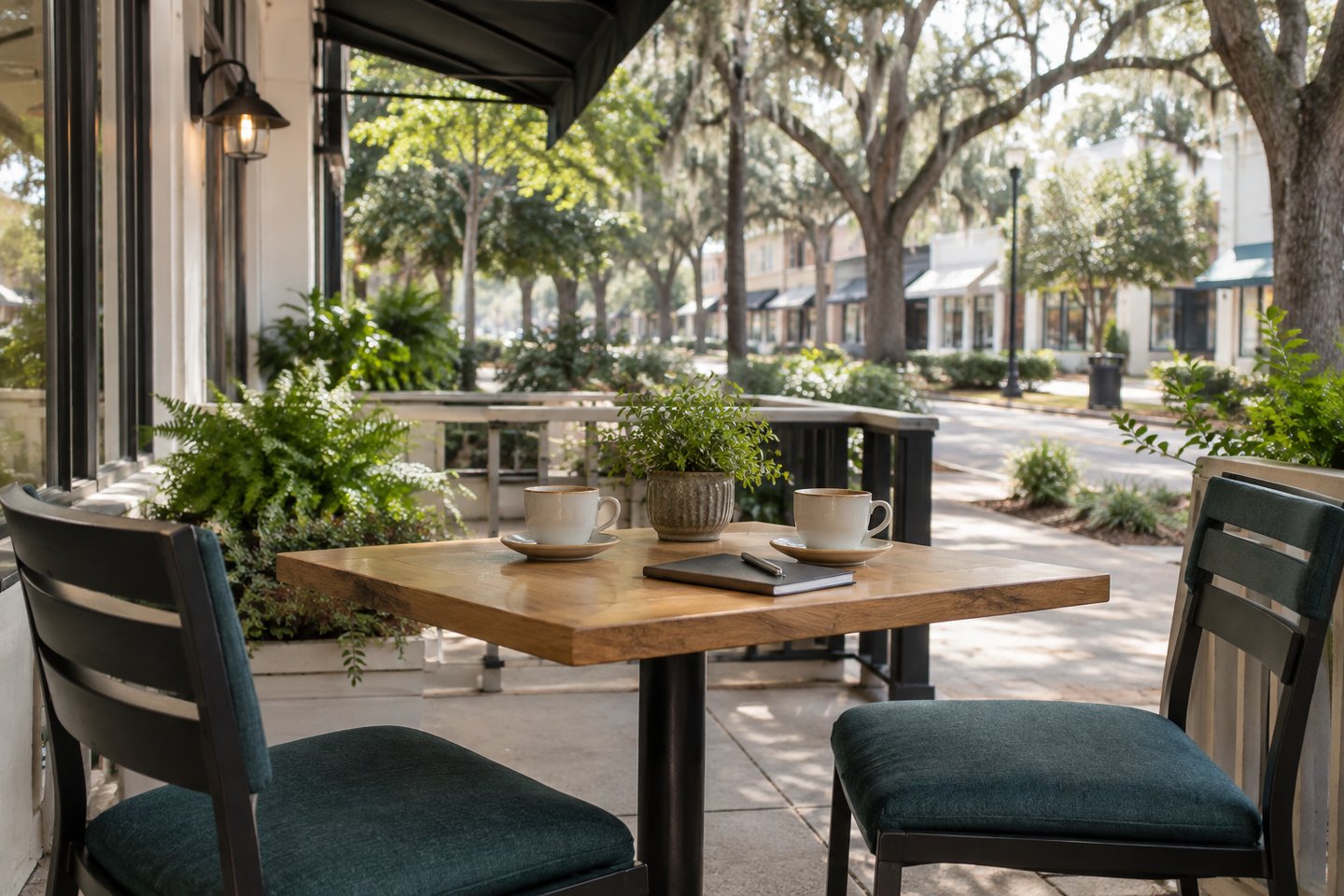 Two chairs and coffee cups at a shaded neighborhood cafe table.