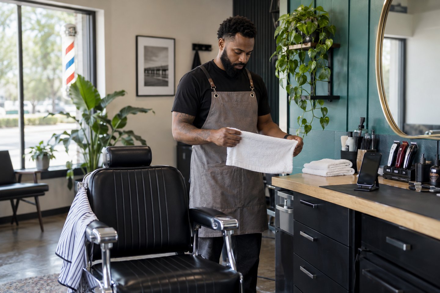 A barber preparing his station between appointments, with his phone on the counter.