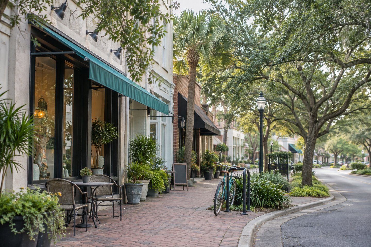 An illustrative Northeast Florida shopping street with shaded sidewalks and independent storefronts.