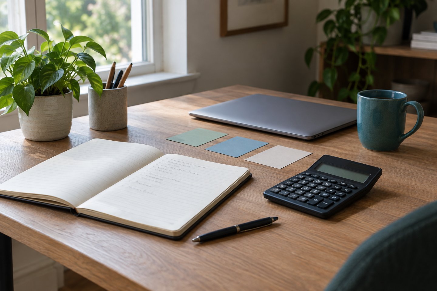 A calculator, notebook and pen arranged for small-business budget planning.