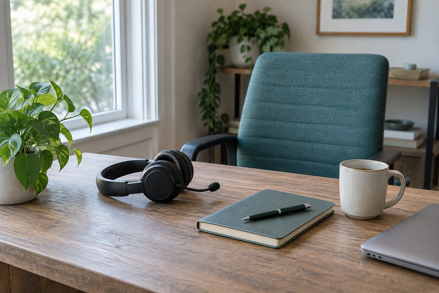 A headset and notebook at a quiet desk ready for a conversation.