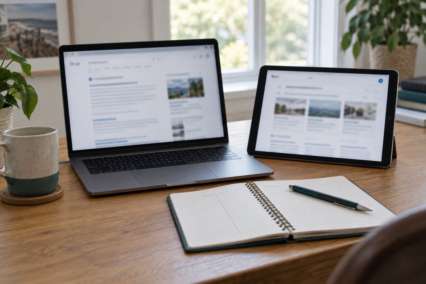 A laptop and tablet displaying different generic research layouts beside a notebook.