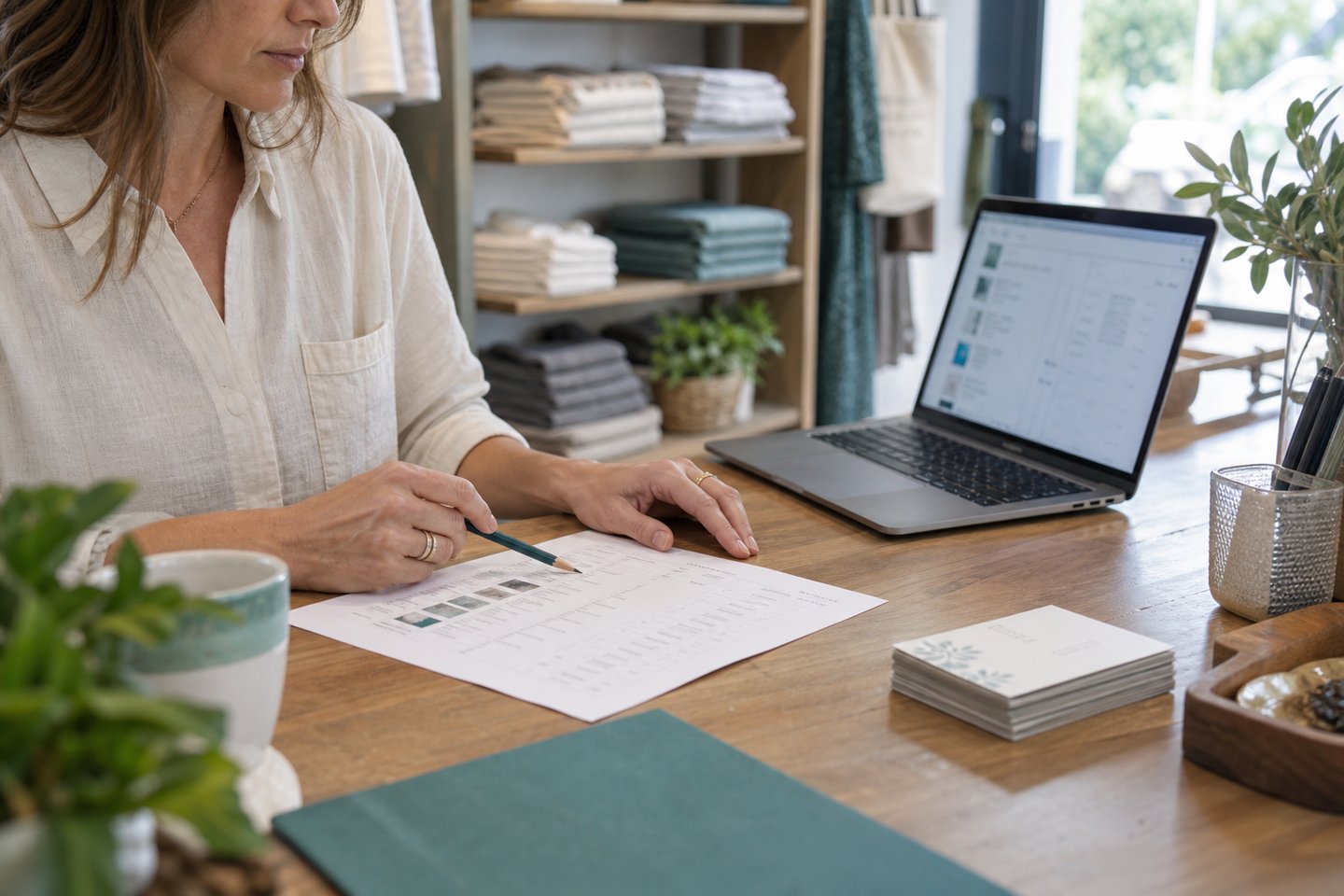 A shop owner comparing business records and cards with information on a laptop.