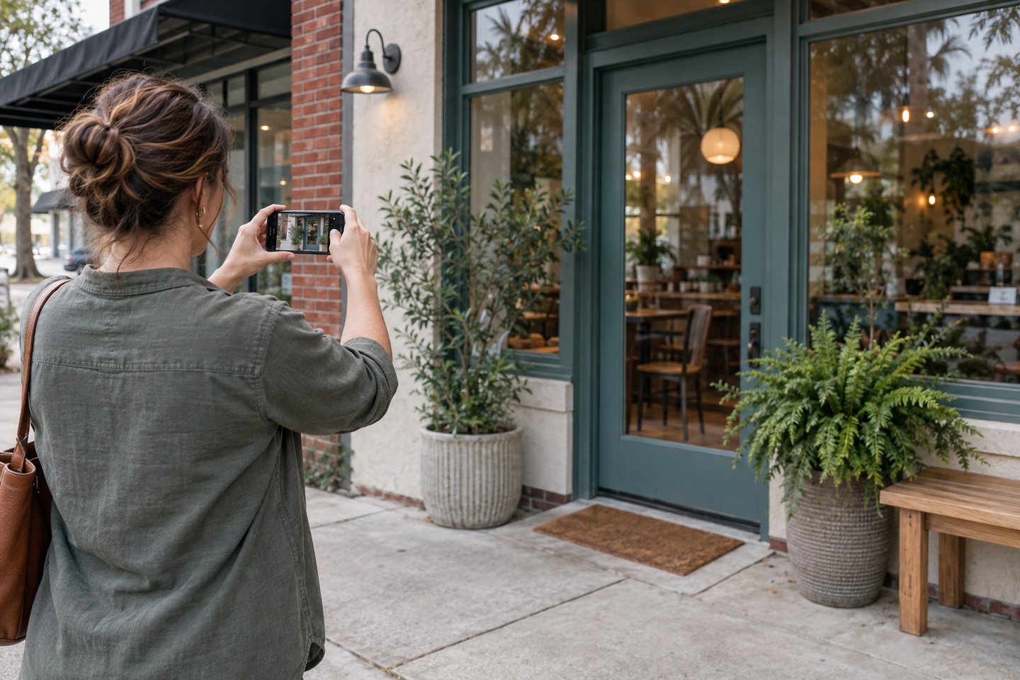 A shop owner photographing her cafe entrance to update its online business profile.